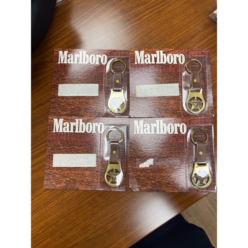 Vintage 1988 Marlboro Country Brass Steer Head Leather Keychain Set of 4 NIP